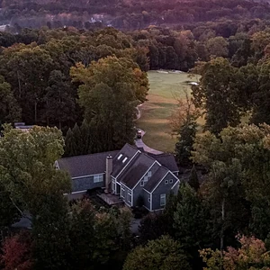 Home among the trees, seen from above