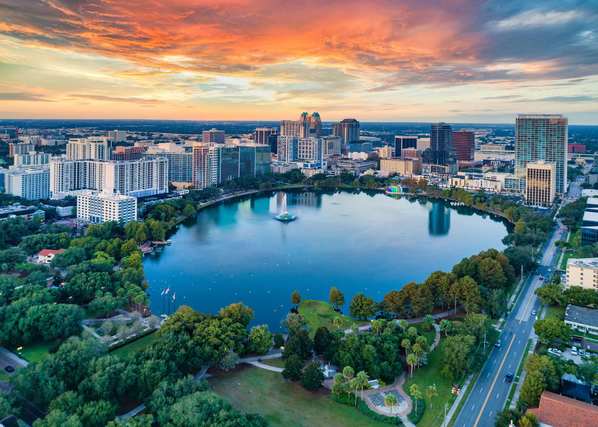 Aerial view of Lake Eola and downtown Orlando at sunset